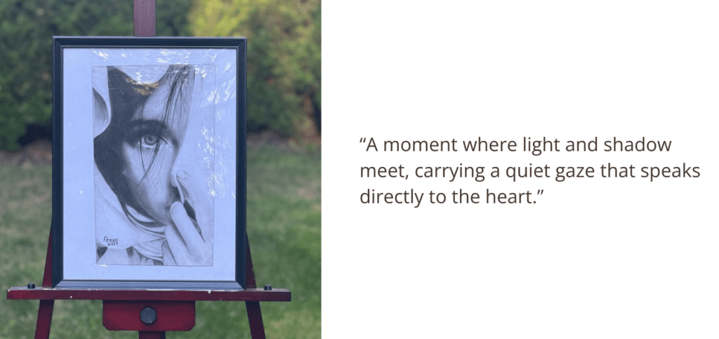 A moment where light and shadow meet, carrying a quiet gaze that speaks directly to the heart.